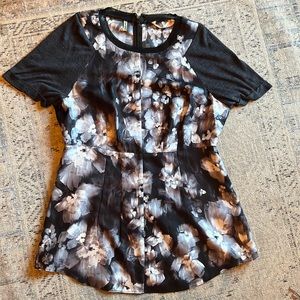 Beautiful black floral tunic top, short sleeve, Tulle collar, Rebecca Taylor, 2